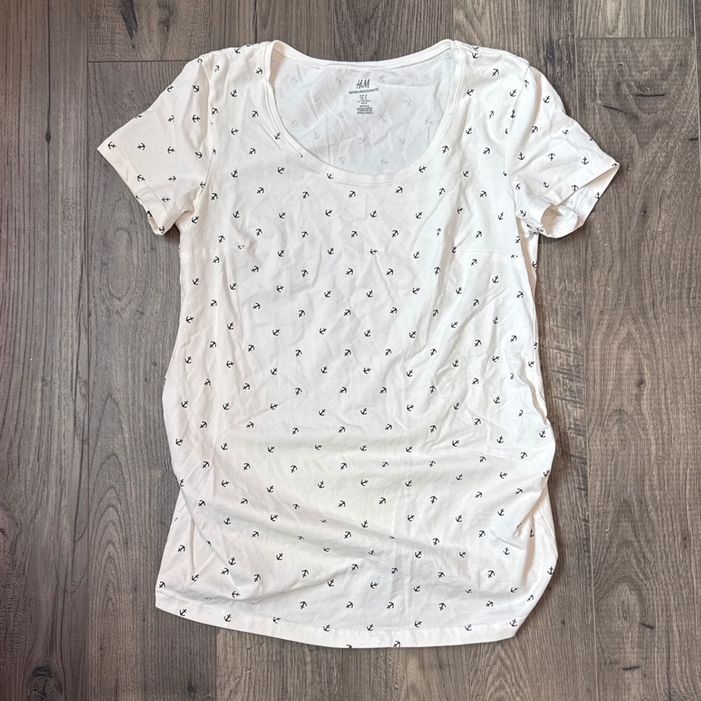 HM Mama Maternity T-Shirt White Navy Anchor Print Ruched Side Short Sleeve Med